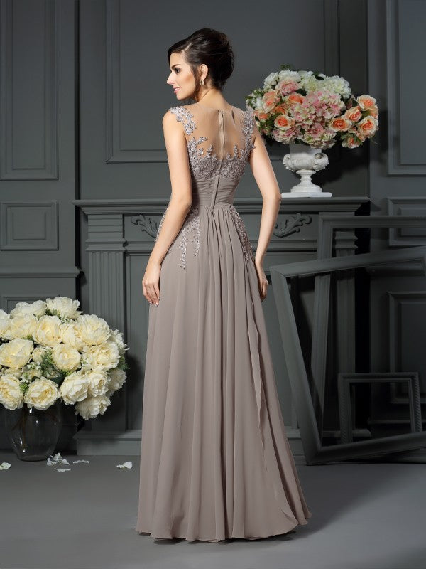 Grey Chiffon A-Line Illusion Neck Back Zip Floor-Length Dress