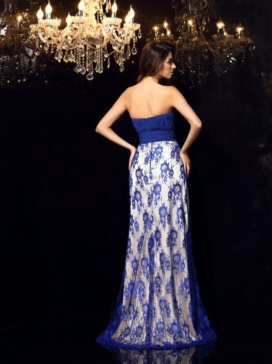 Sheath/Column Sweetheart Lace Sleeveless Long Woven Satin Dresses