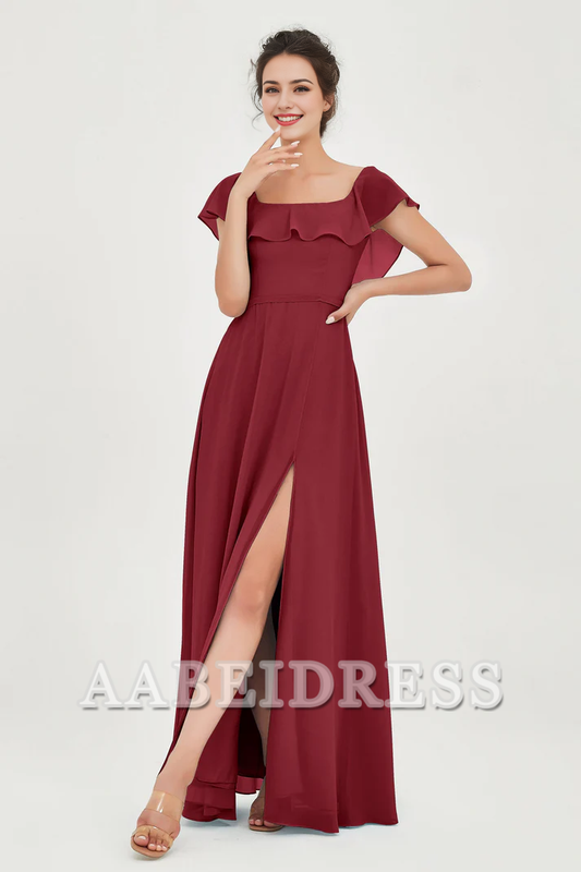 AABEI DRESS Bridesmaid Dresses Chiffon A-Line Square Neckline Flutter Sleeves Ruffle Side Fork Elegant Simple Wedding Guests Dresse