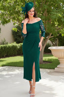Elegant Dark Green Sheath Off The Shoulder 3/4 Long Sleeve Pleated Waist with Slit Long Wedding Guest Dress For Women Hot Sale Mother of the Bride Dress