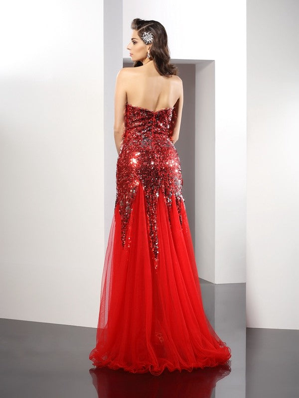 Sheath/Column Sweetheart Sequin Sleeveless Long Woven Satin Dresses