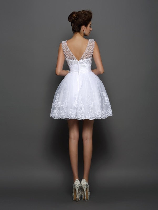 A-Line/Princess Bateau Pearls Sleeveless Short Woven Satin Cocktail Dresses
