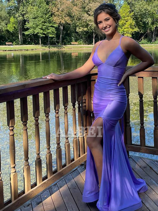 Evening Dress Lilac Spaghetti Strap Sheath Mermaid Low-necked Prom Dress Lace-up Backless Side Fork Formal Women's Dresses
