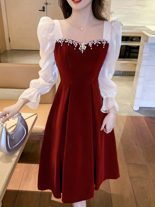 December Wedding Guest Dress Color Block Ruffle Trim Long Sleeves Dress Bead string Sweet heart Neck Elegant Party Dress