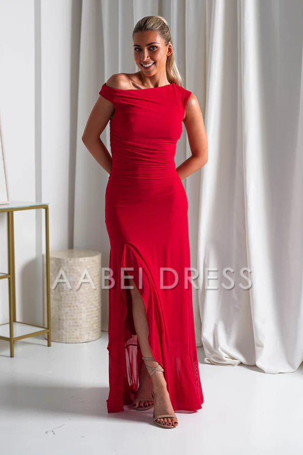 AABEI DRESS Prom Dress Sheath Closed neck Side Fork Ruched Fashion Simple Dress
