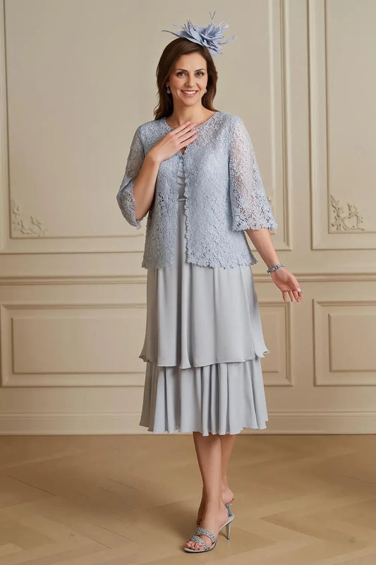 Dignified Silver 2 Piece Lace Jacket with 3/4 Long Sleeve Chiffon Layering Ruched Retro Midi Wedding Guest Dress Hot Sale Mother of the Bride Dresses