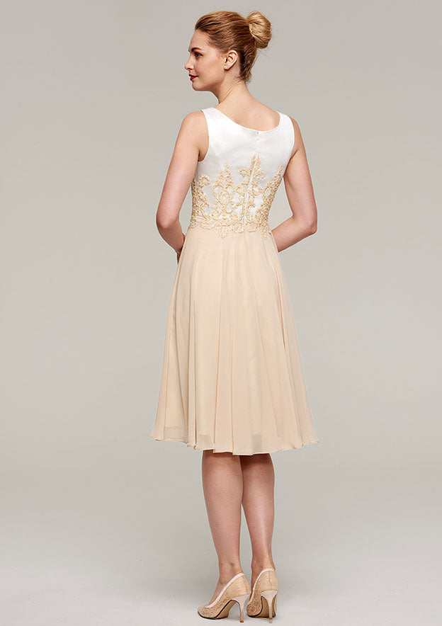 Classic Elegant Wedding Guest Dresses Champagne Chiffon A-line Boat Neck Sleeveless Lace Appliqued With Half Sleeve Jacket Two-Piece Knee-Length Bargain Mother of the Bride Dress