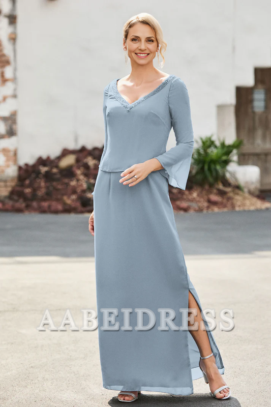 AABEI DRESS Mother of the Bride Dresses Long Sleeves V-neck Sheath Dress With Slit Elegant Formal Dress Wedding Guests Dresses