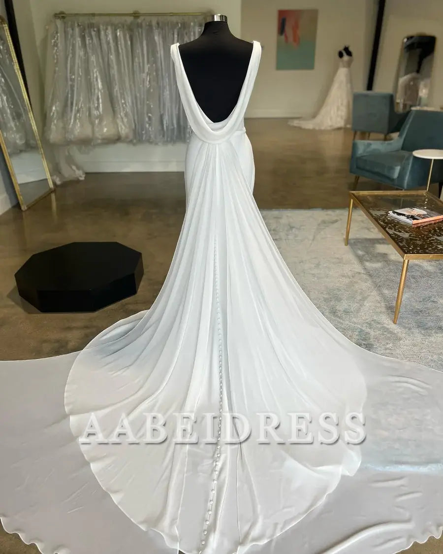 AABEI DRESS Elegant Simple Wedding Dress Cowl Neck Open Back Mermaid Long Sweep Train Dress