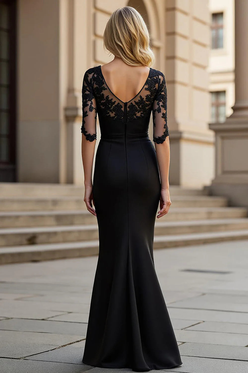 Wedding Guest Dress Elegant Black Mermaid Square Neck 1/2 Sleeve Lace Applique Ruched Hot Sale Long Mother of the Bride Dress