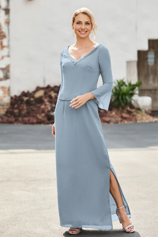 AABEI DRESS Mother of the Bride Dresses Long Sleeves V-neck Sheath Dress With Slit Elegant Formal Dress Wedding Guests Dresses