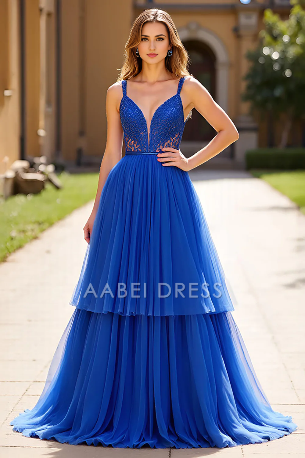 Royal Blue Tulle A-Line V-Neck Back Zip Floor-Length Dress