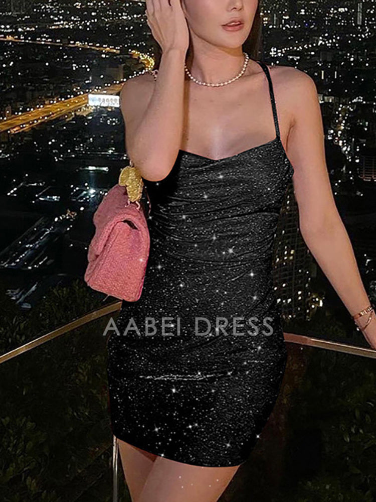 AABEI DRESS New Homecoming Dress Glitter Cowl-Neck Lace Up Sequins Dress Sexy Backless Bodycon Strape Mini Dress Party Cloth Short Prom Dress