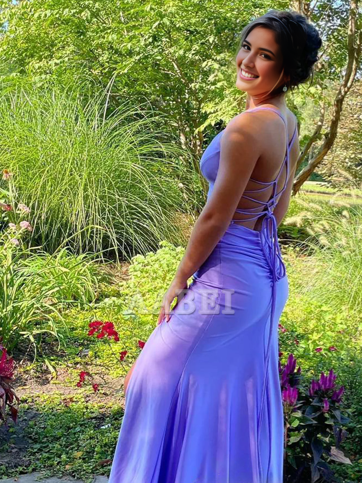 Evening Dress Lilac Spaghetti Strap Sheath Mermaid Low-necked Prom Dress Lace-up Backless Side Fork Formal Women's Dresses