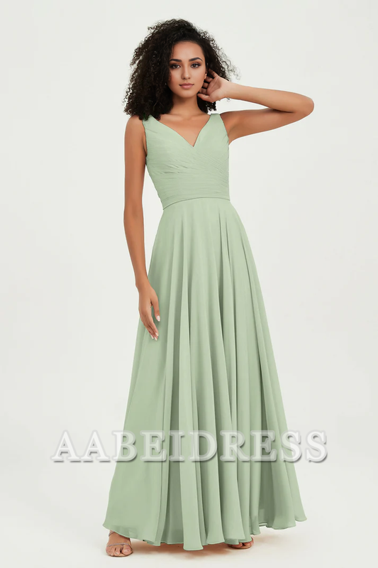 AABEI DRESS Bridesmaid Dresses Chiffon A-Line V-Neck Pleated Sleeveless Floor-Length Elegant Simple Wedding Guests Dresse