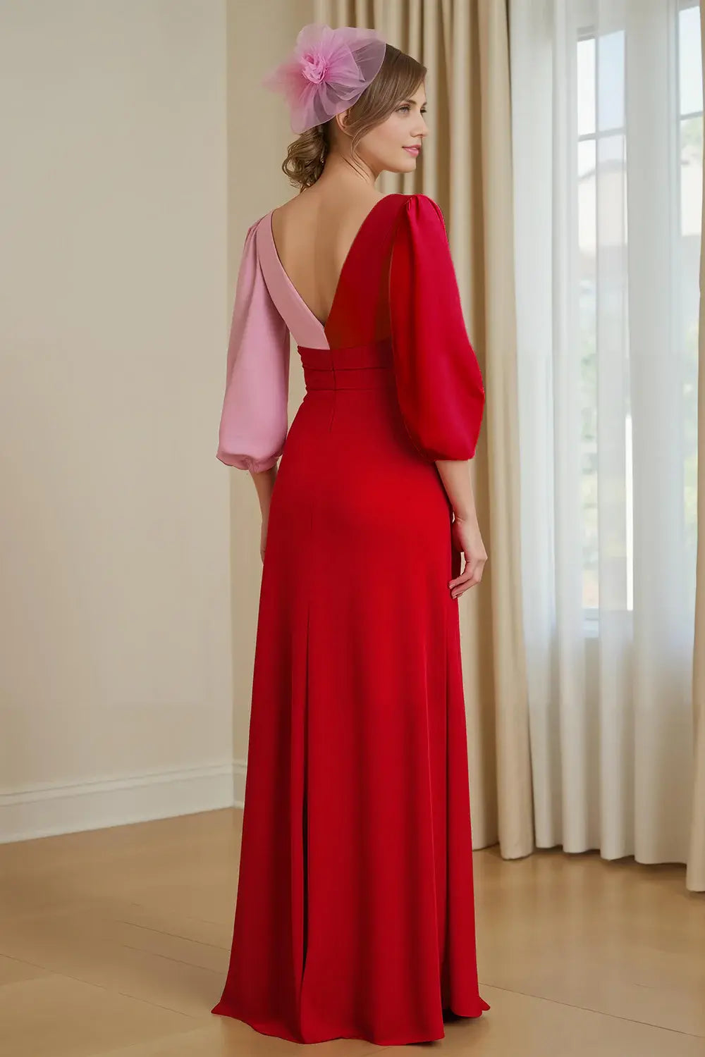 Unique Red Pink Color Matching Chiffon A Line V-Neck with Sleeves V Back Long Fashion Wedding Guest Dress For Women Hot Sale Mother of the Bride Dress