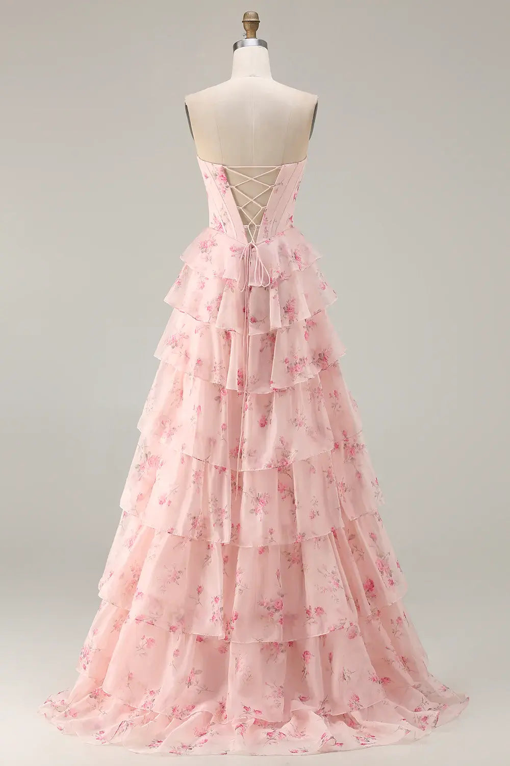 Romantic Prom Dress Pink Printing Floral A Line Strapless Corset with Beading Sleeveless Layered Ruched Backless Bargain Long Wedding Guest Dress