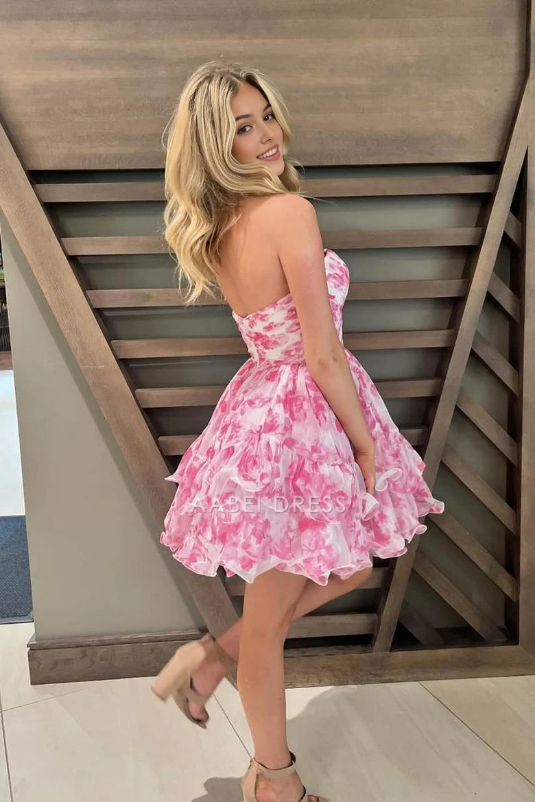 AABEI DRESS New Homecoming Dress Elegant A-Line Sweetheart Strapless Ruched Printing Party Retro Cute Short Prom Dresse