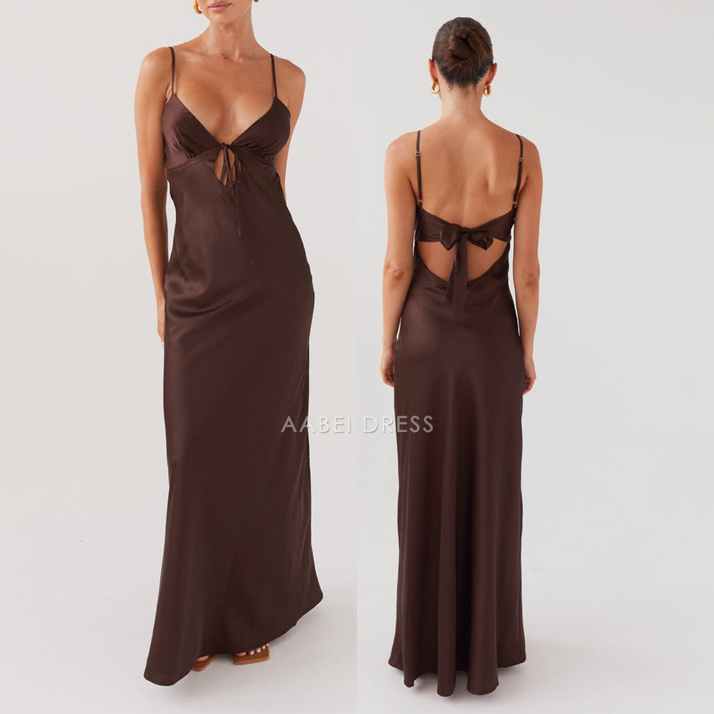 AABEI DRESS Elegant Solid Color Adjustable Thin Shoulder Straps Cutout Tie-Up Front Backless sexy Long Prom Dresses
