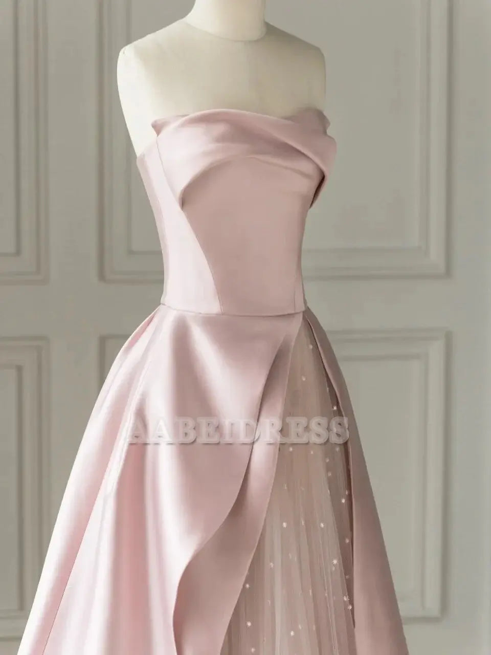 Evening Dress Sleeveless A-Line Floor-Length Satin Tulle Splicing together Strapless Backless Formal Women's Dresses