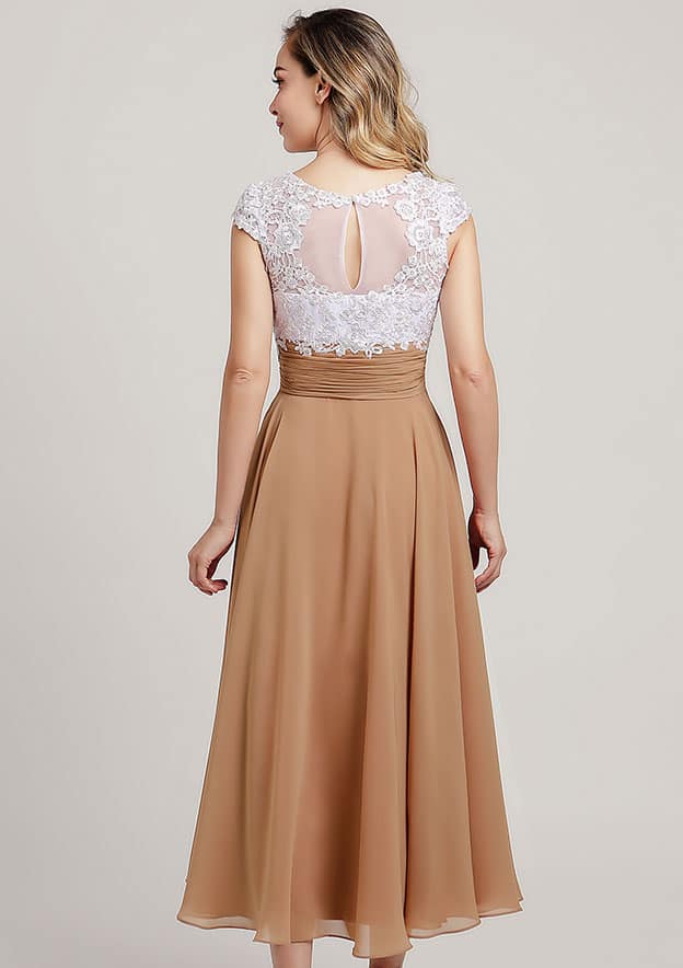 Vintage Elegant Wedding Guest Dresses Chiffon A-line V Neck Cap Sleeve With Lace Applique Ruched Tea-Length Bargain Mother of the Bride Dress