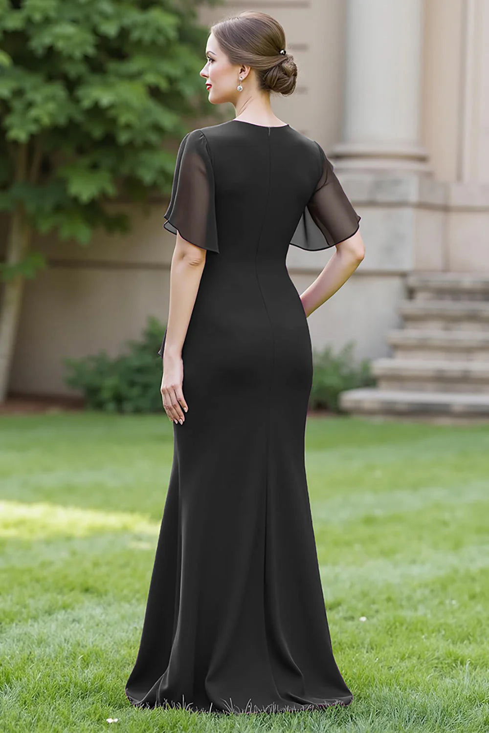 Wedding Guest Dress Black Sheath Round Neck Flutter Short Sleeves Ruched Elegant Hot Sale Long Mother of the Bride Dress