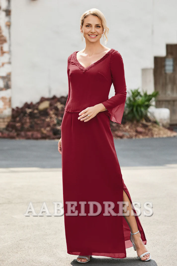 AABEI DRESS Mother of the Bride Dresses Long Sleeves V-neck Sheath Dress With Slit Elegant Formal Dress Wedding Guests Dresses