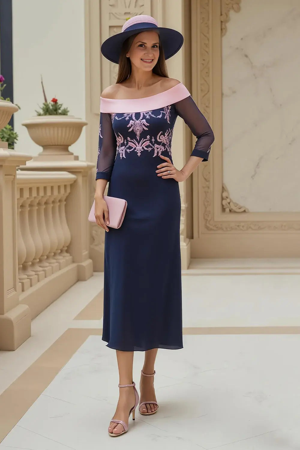 Elegant Navy Sheath Off Shoulder Appliqued with Sleeves Retro Wedding Guest Dress For Women Hot Sale Mother of the Bride Dress