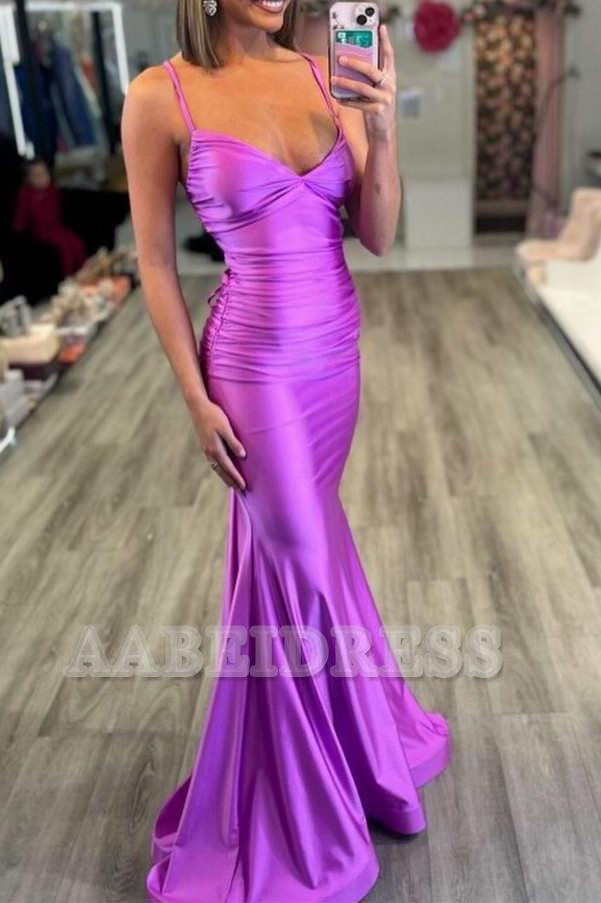 Evening Dress V-Neck Spaghetti Strap Mermaid Cultivate oneself Sweep Train Backless with Lace-Up Back Formal Women's Dresses