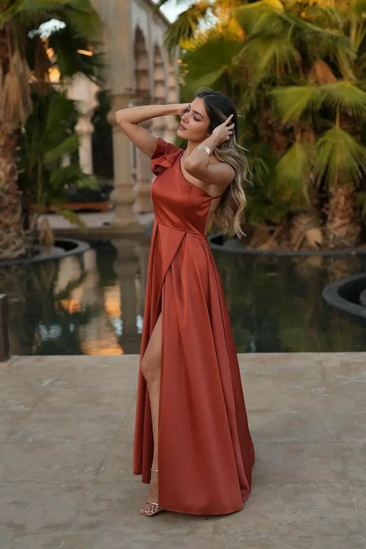 Elegant Formal Women's Dresses A Line One Shoulder Tiers Ruffles Sleeveless Backless With Front Split Long Affordable Prom Dress