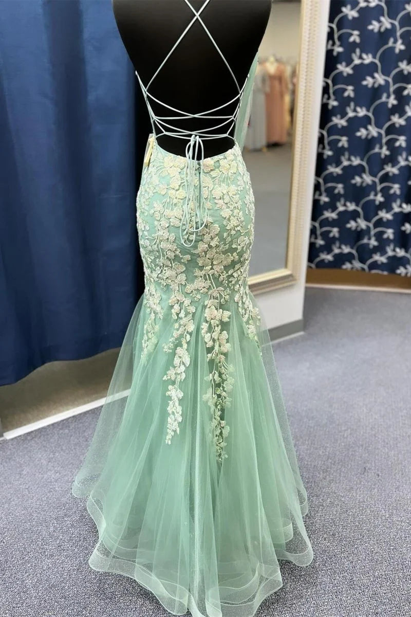 Sage Green Charming Mermaid Spaghetti Straps Deep V Neck With Lace Appliques Backless Exquisite Wedding Guest Dress Long Hot Sale Prom Dresses
