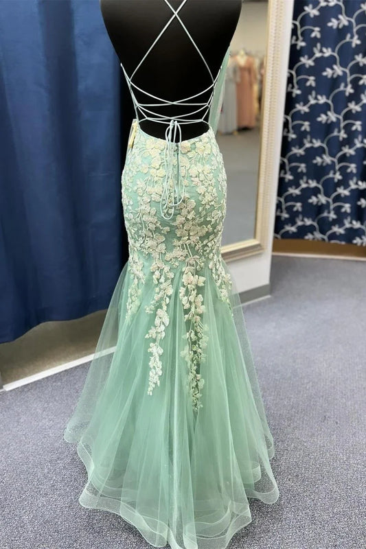 Sage Green Charming Mermaid Spaghetti Straps Deep V Neck With Lace Appliques Backless Exquisite Wedding Guest Dress Long Hot Sale Prom Dresses