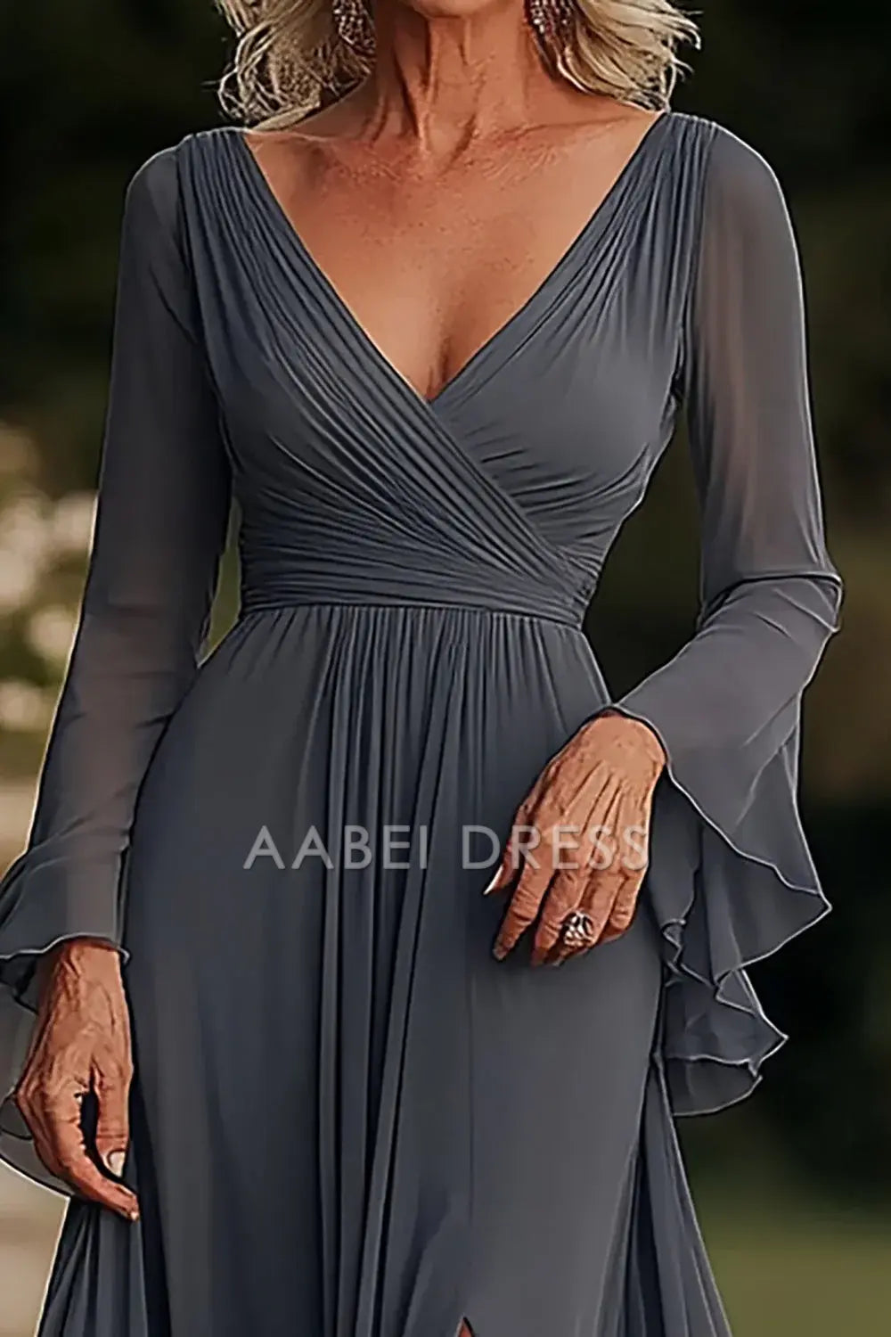 AABEI DRESS Mother Of The Bride Dress A Line V Neck Chiffon Long Sleeves Side Fork Ruched Formal Wear Dresse