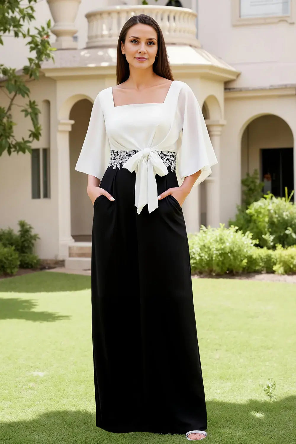 Elegant Black and White Sheath Square Neck Flutter 3/4 Long Sleeve Chiffon with Bow Lace Applique with Pocket Wedding Guest Dress For Women Hot Sale Mother of the Bride Dress