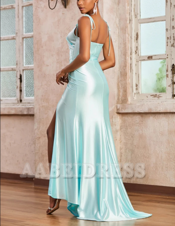 Evening Dress Spaghetti Straps Square Neck Ruched Dress Side Fork Sweep Train Elegant Simple High Quality Formal Women's Dresses Wedding Guest Dresses