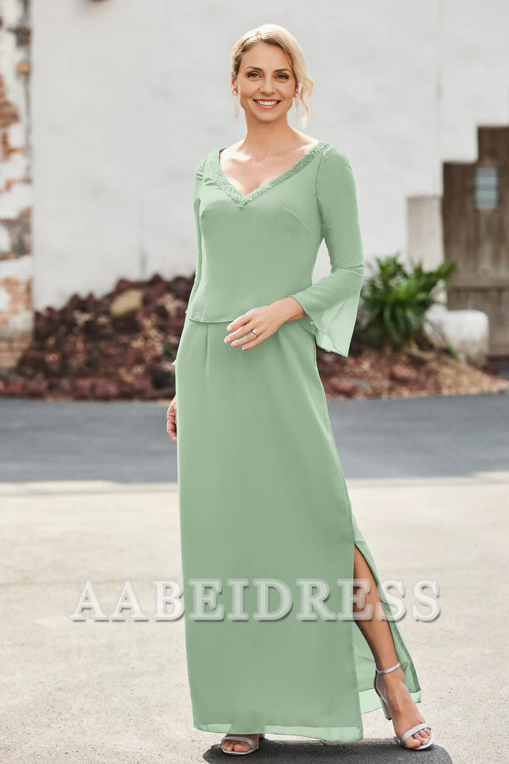 AABEI DRESS Mother of the Bride Dresses Long Sleeves V-neck Sheath Dress With Slit Elegant Formal Dress Wedding Guests Dresses