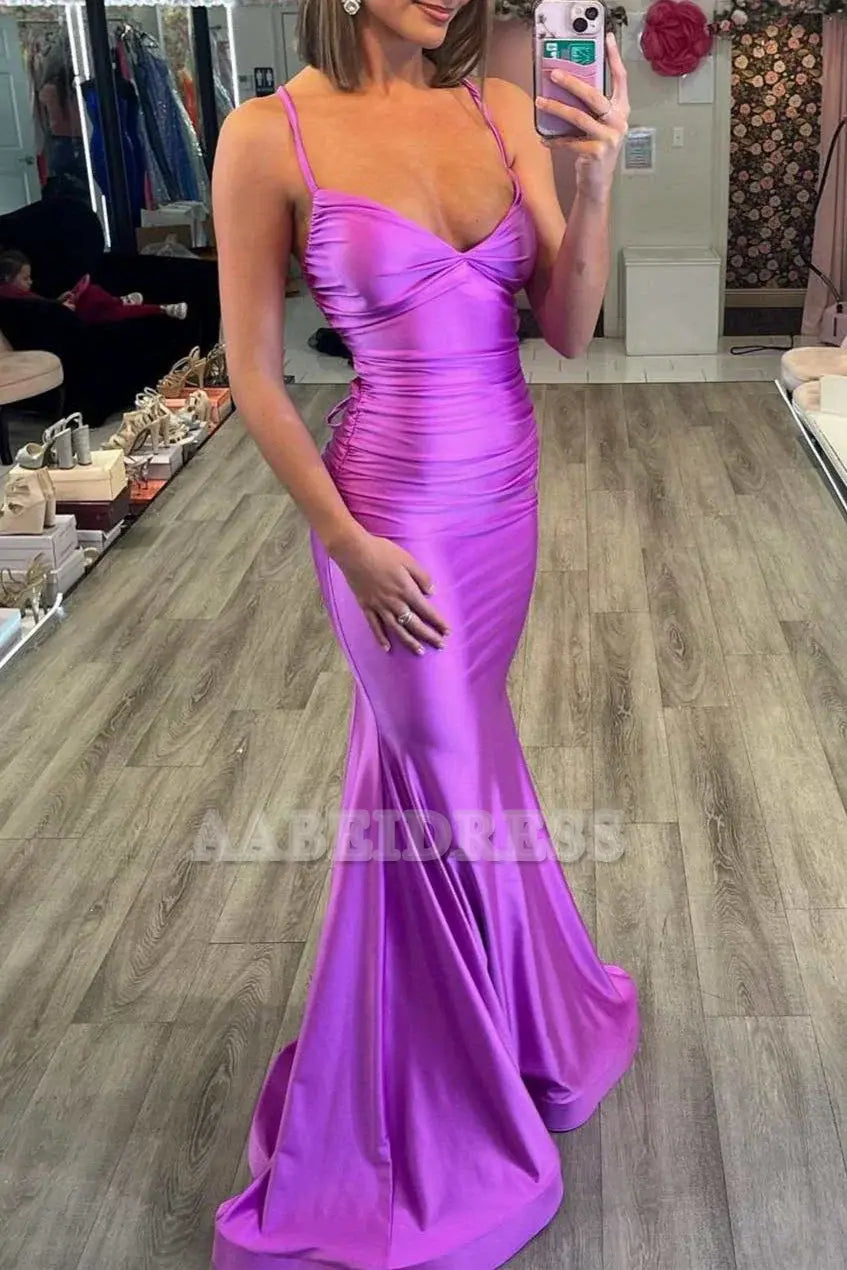 Evening Dress V-Neck Spaghetti Strap Mermaid Cultivate oneself Sweep Train Backless with Lace-Up Back Formal Women's Dresses