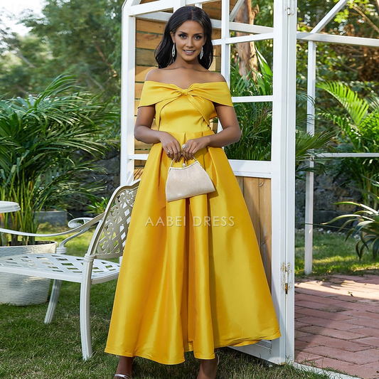 AABEI DRESS Wedding Guest Dress Elegant A-Line Off Shoulder Sleeveless Floor Length Satin with Bow(s) Pleats Mother of the Bride Dress