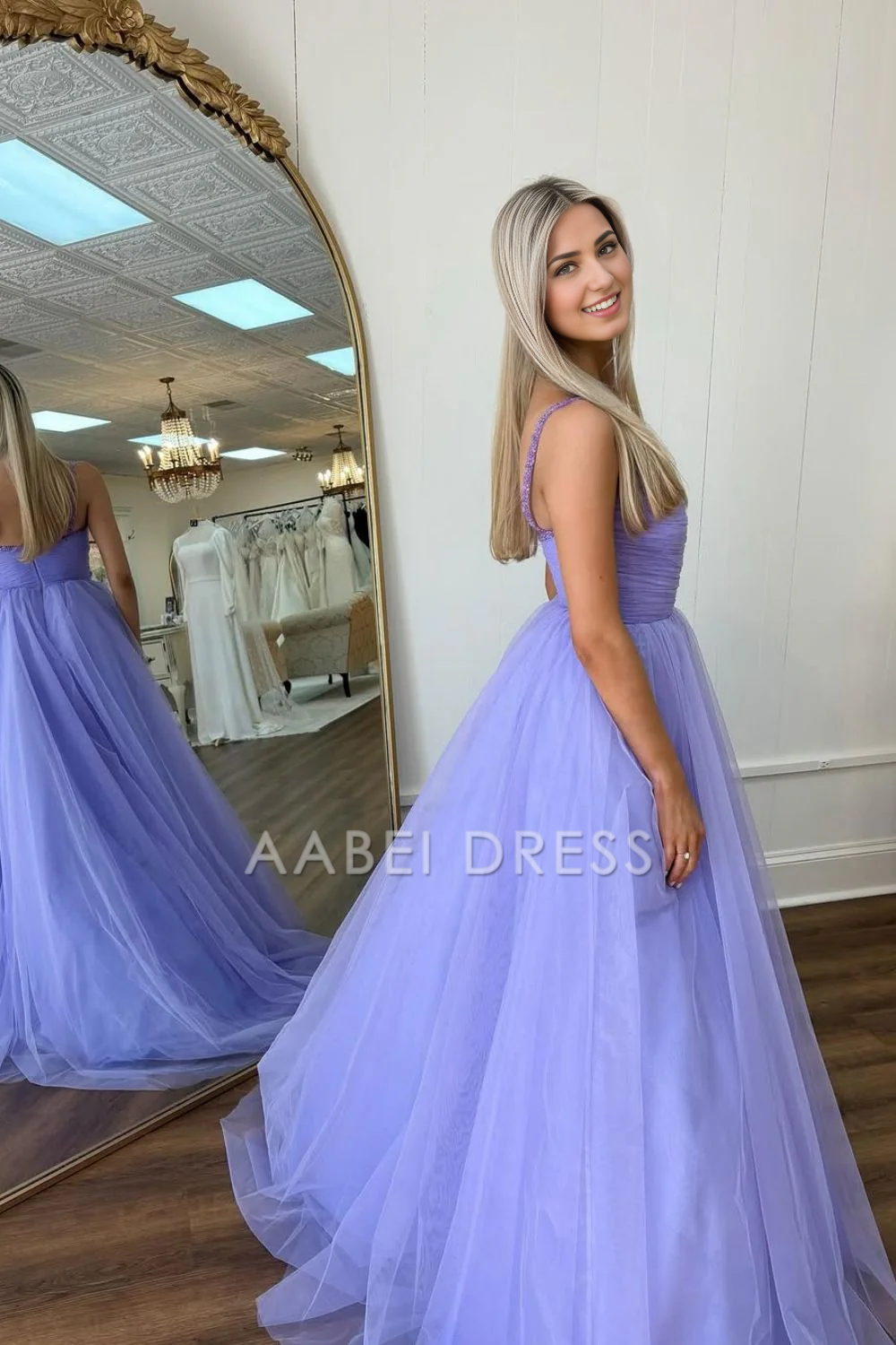 AABEI DRESS Hot Sale Prom Dress Princess A-Line V Neck Spaghetti Straps Long Tulle Elegant Formal Dress