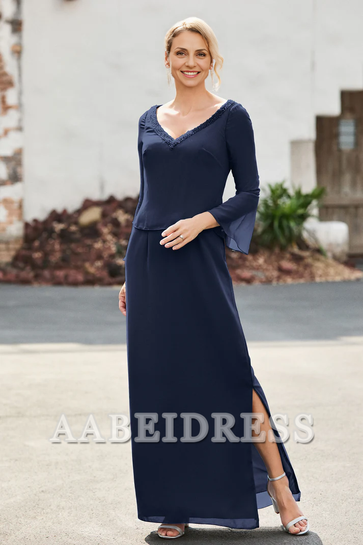 AABEI DRESS Mother of the Bride Dresses Long Sleeves V-neck Sheath Dress With Slit Elegant Formal Dress Wedding Guests Dresses