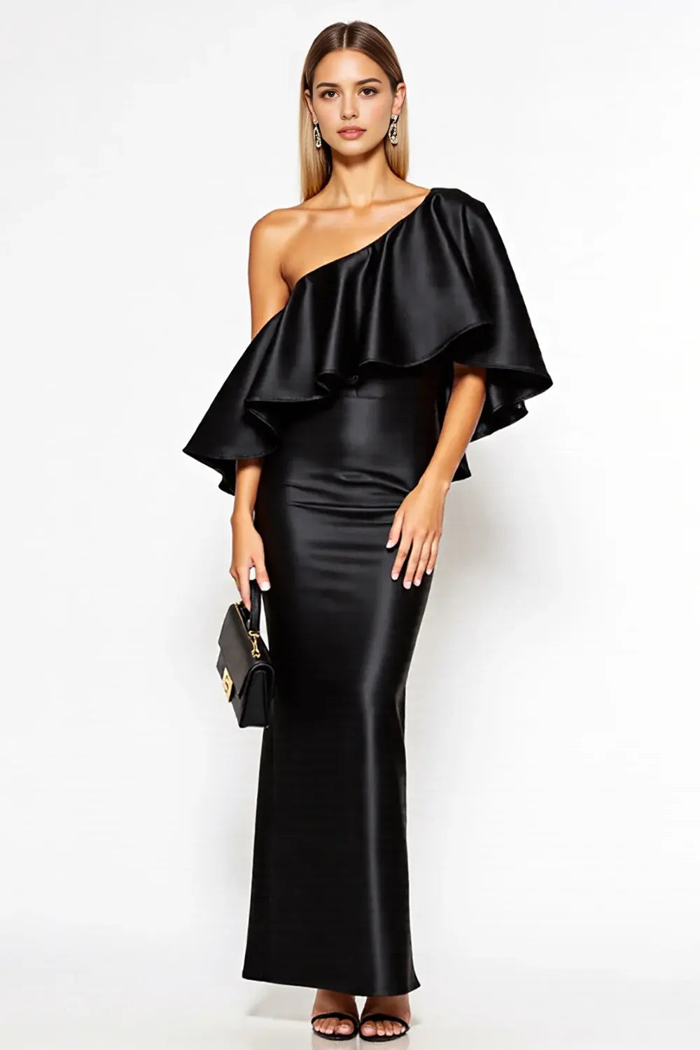Black Satin Sheath Unique One Shoulder Ruffles Backless Fashion Long Formal Dress Hot Sale Evening Dresses