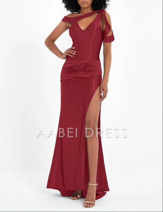 AABEI DRESS Charming Mermaid High Slit Pleated Satin Open Back Side Fork Long Sweep Train Unique Evening Dress