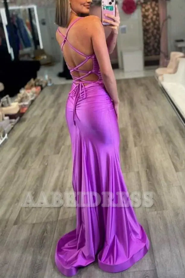 Evening Dress V-Neck Spaghetti Strap Mermaid Cultivate oneself Sweep Train Backless with Lace-Up Back Formal Women's Dresses