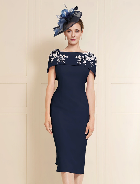 Mother of the Groom / Bride Dress Off Shoulder Tea Length Stretch Fabric Short Sleeve with Bow(s) Pearls Embroidery Elegant Simple December Wedding Guest Dress