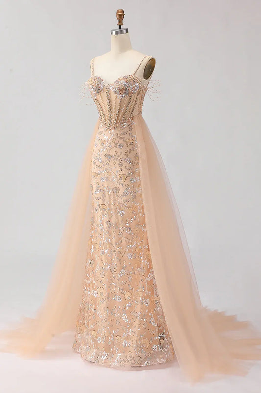 Luxury Prom Dress Champagne Sheath Sparkly Floral Tulle Beaded Spaghetti Strap Sweetheart Neckline Corset Backless Bargain Long Wedding Guest Dress