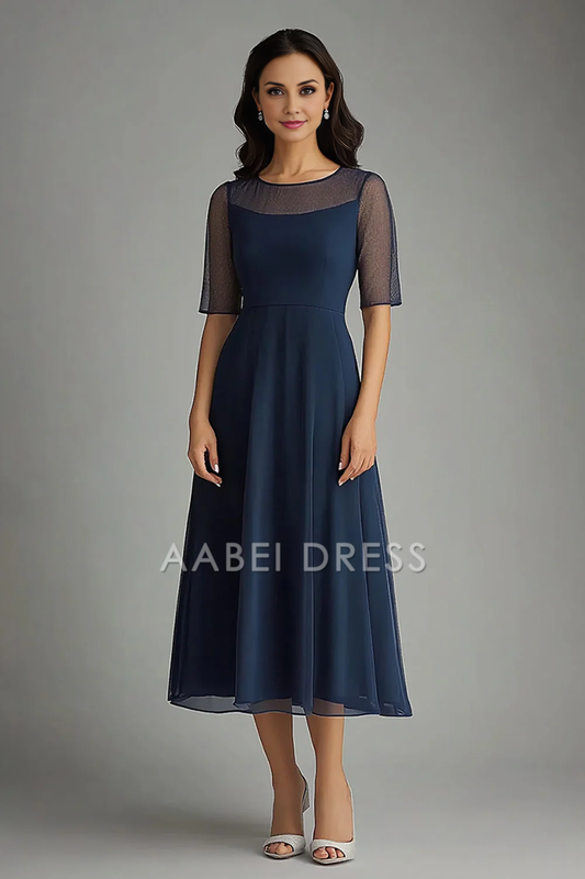 AABEI DRESS Mother Of The Bride Dress Chiffon Illsion Neck Long Short Sleeves Elegant Simple Formal Wear Dresse