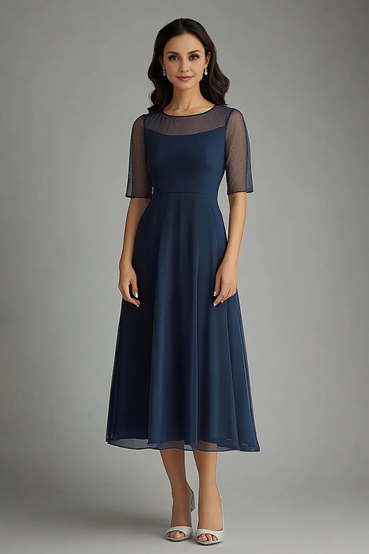 AABEI DRESS Mother Of The Bride Dress Chiffon Illsion Neck Long Short Sleeves Elegant Simple Formal Wear Dresse