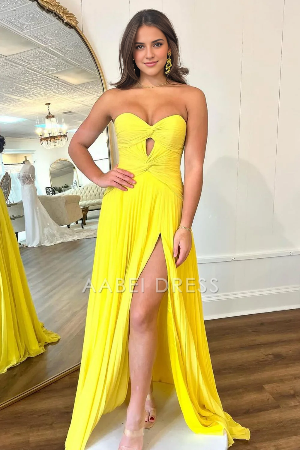 AABEI DRESS Hot Sale Prom Dress Stylish Sheath Strapless Sweetheart Long Pleated Satin with Slit Exquisite Formal Dress