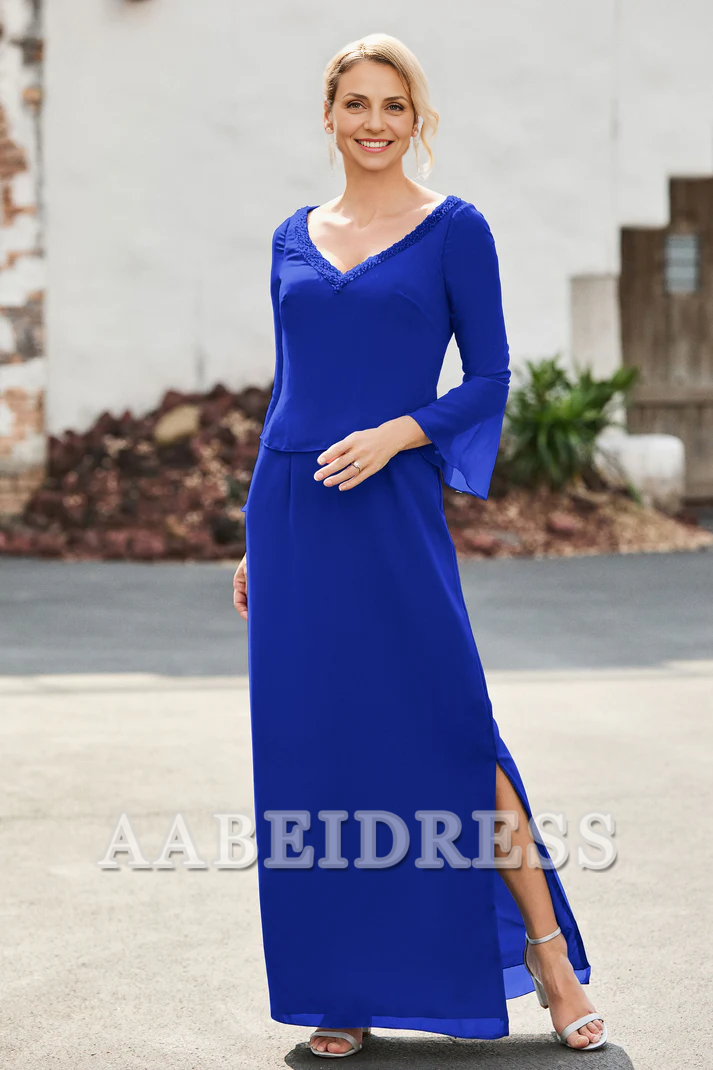 AABEI DRESS Mother of the Bride Dresses Long Sleeves V-neck Sheath Dress With Slit Elegant Formal Dress Wedding Guests Dresses