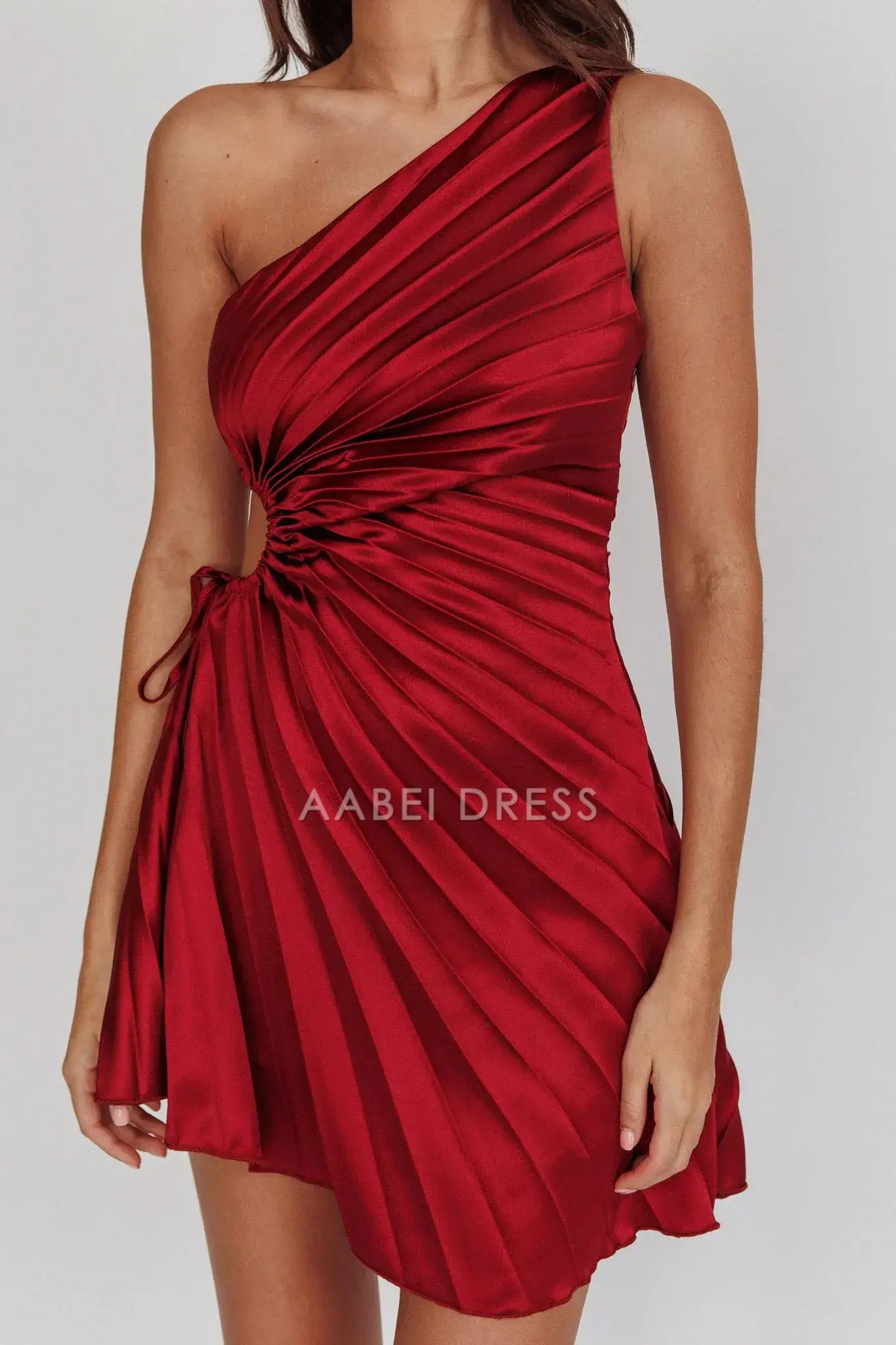 A Line One-Shoulder Pleat Dress Texture Hollow Drawstring Design Sense Mini Dress Hot Sale Homecoming Dress